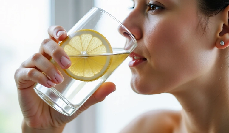 A person drinking a glass of water with a slice of lemon, emphasizing hydration and wellness. No text, no symbols.