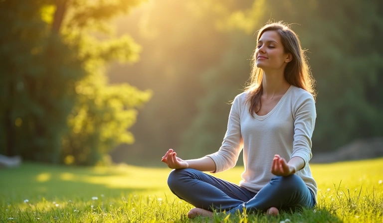 A person meditating in a peaceful outdoor setting, symbolizing mindful eating and stress reduction. No text, no symbols.